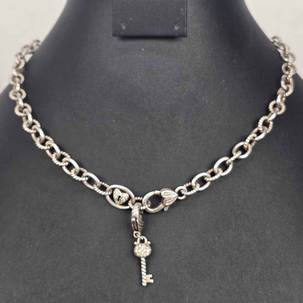 Judith Ripka Vintage Sterling Silver 925 CZ Heart Lock Key Charm Chain Necklace